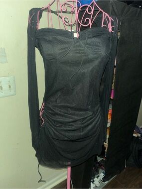Black Long Sleeve Mesh Ruched Mini Dress